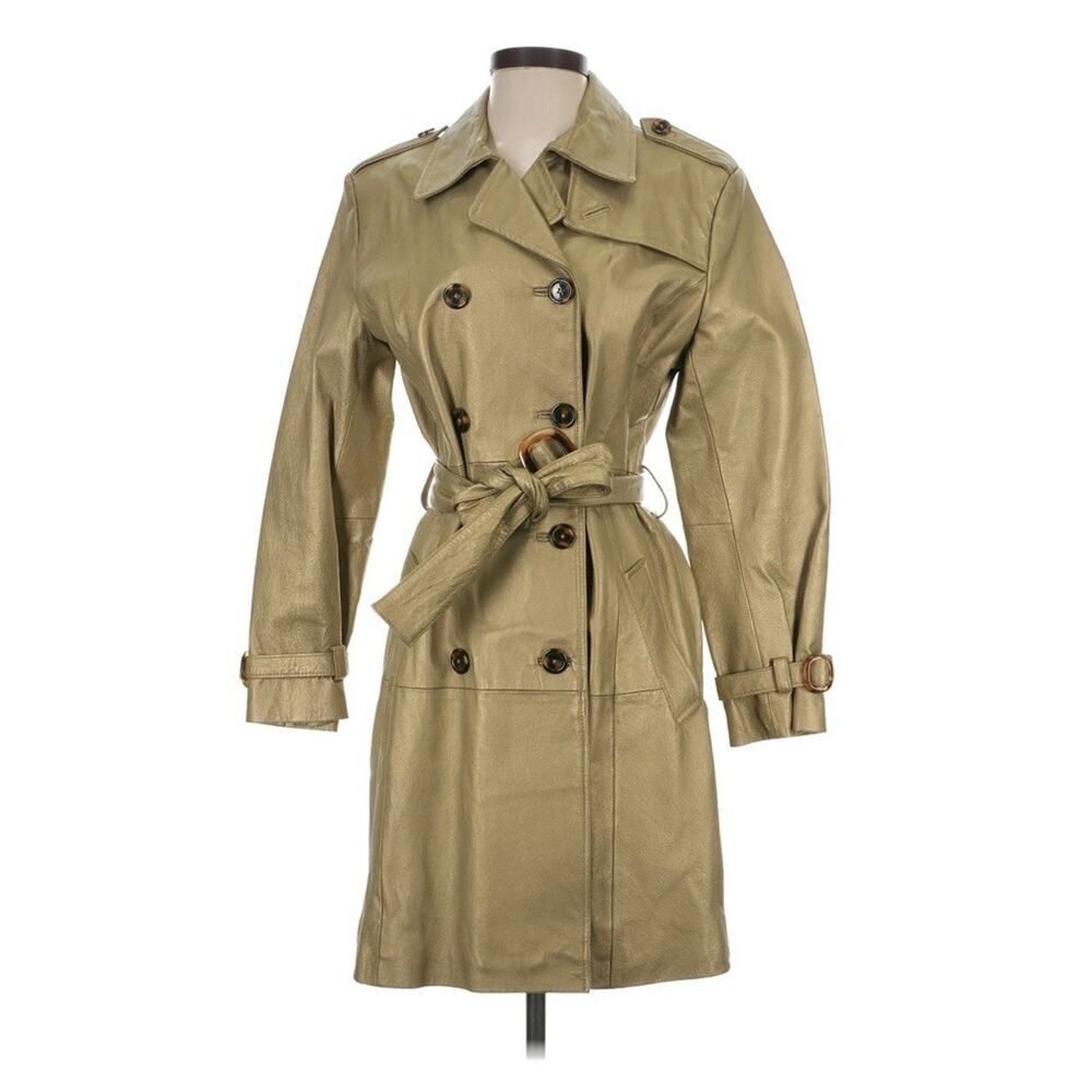 NWOT Terry Lewis Metallic Olive Gold Leather Trench Coat Belted Small Lined